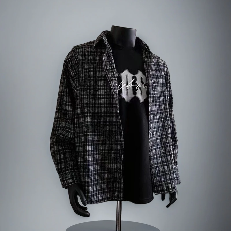 .撞色滚边黑色格子衬衫男春秋长袖cleanfit美式复古格纹休闲外套.