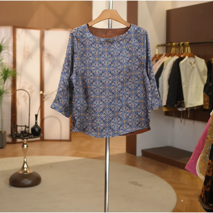 【风车花】圆领花纹长袖袖印染提花新中式风车花衬衫