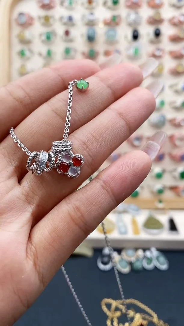 【闪购商品】翡翠颈饰银S925镶嵌缅甸天然A货翡翠111  10+7