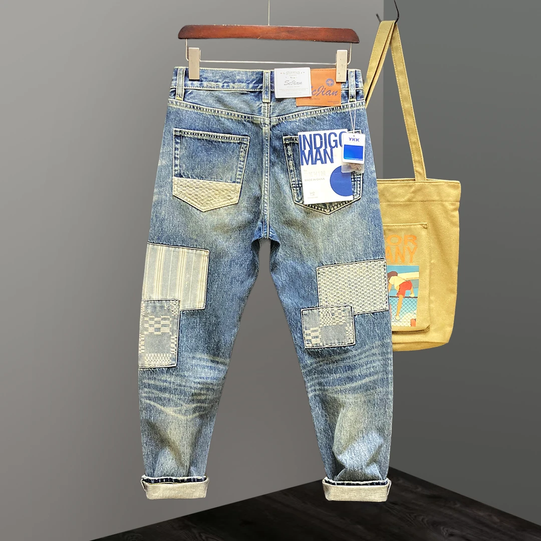 Jeep吉普春秋季高端美式裤子男拼接款微合身直筒裤宽松休闲牛仔裤