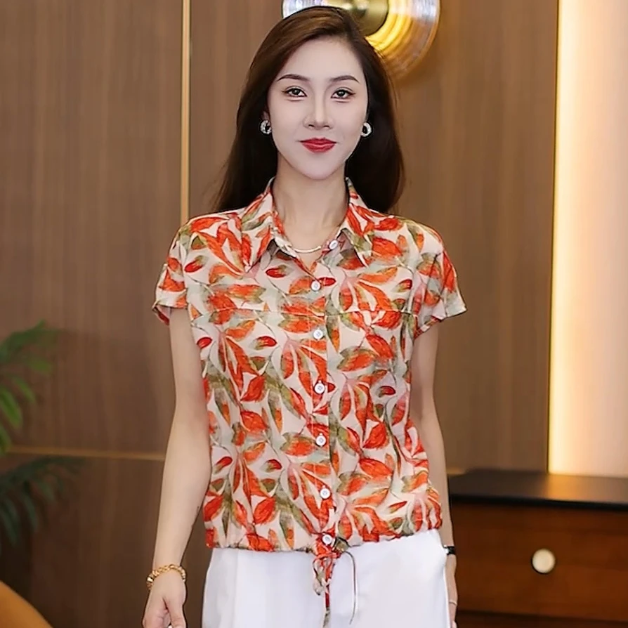 气质印花短袖衬衫女2025年夏季新款时尚百搭显瘦上衣法式洋气小衫