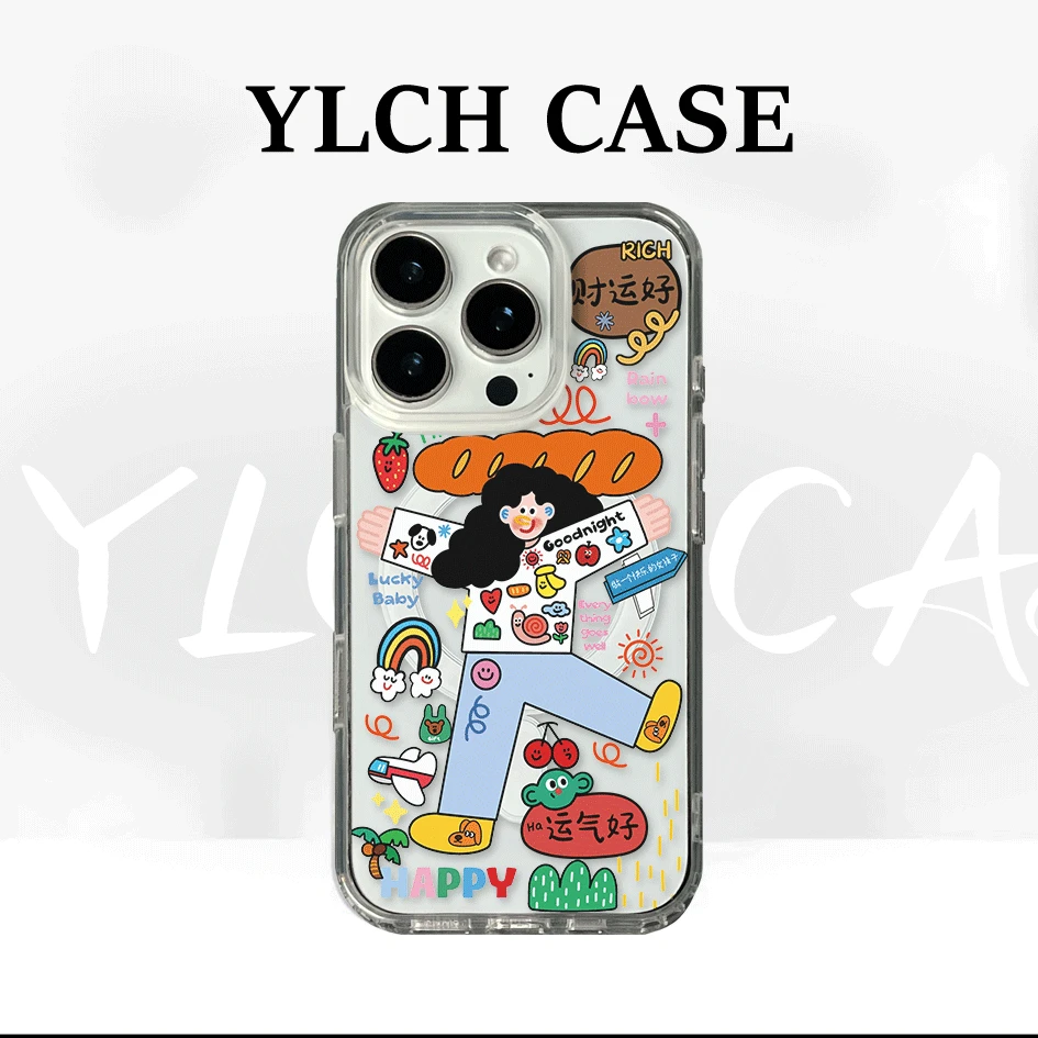 财运涂鸦适用苹果16亚克力磁吸手机壳卡通15/13全包12保护套