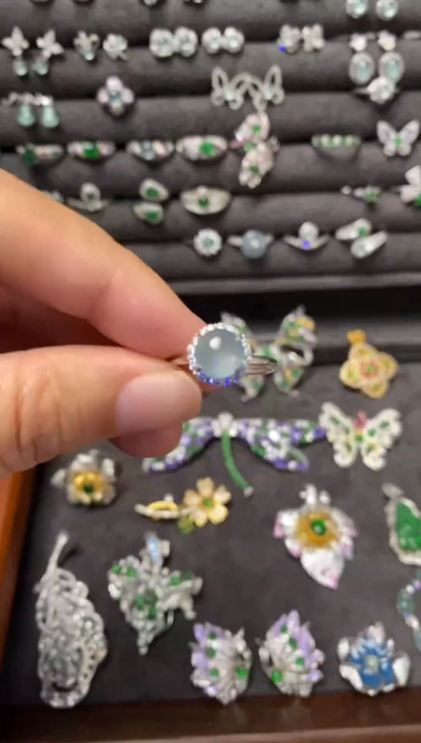 银S925镶嵌戒指翡翠卡7mm蓝水