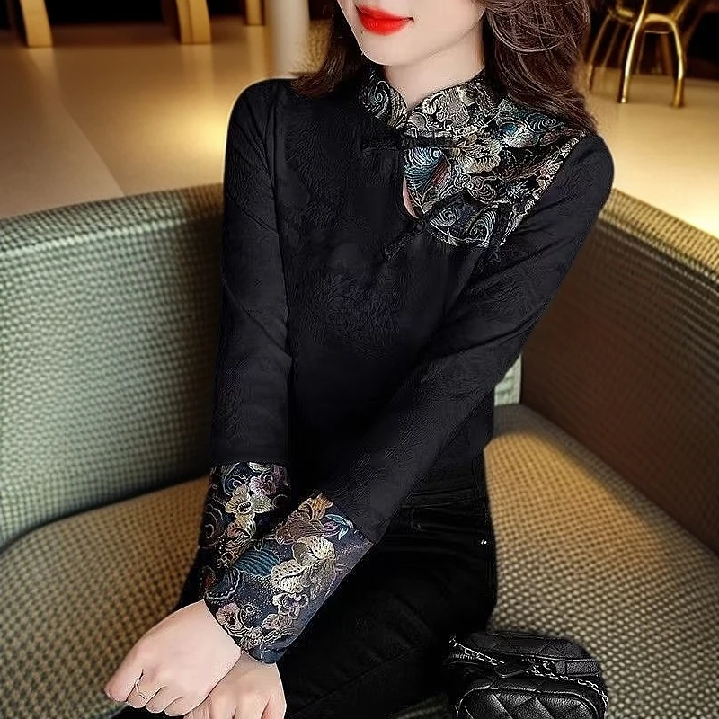 静好国风中式刺绣盘扣T恤女2025新款气质复古上衣显瘦立领打底衫