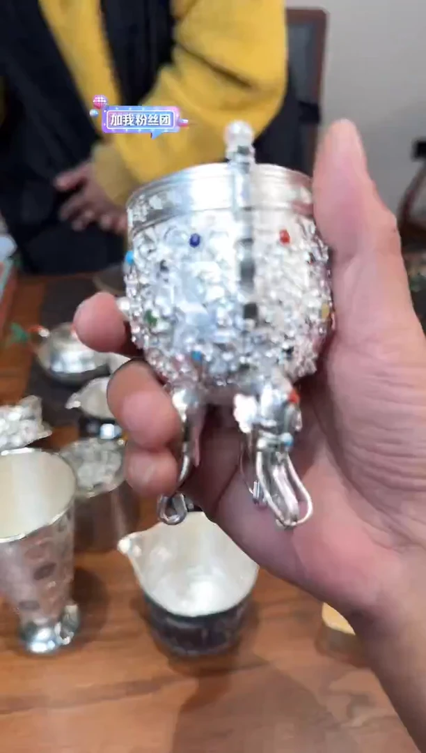 -寸发标手作雪花银錾刻嵌百宝金瓯永固杯