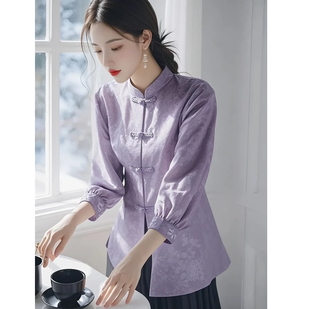 新中式紫色衬衫2025春装新款唐装高级感气质高端女装国风盘扣上衣