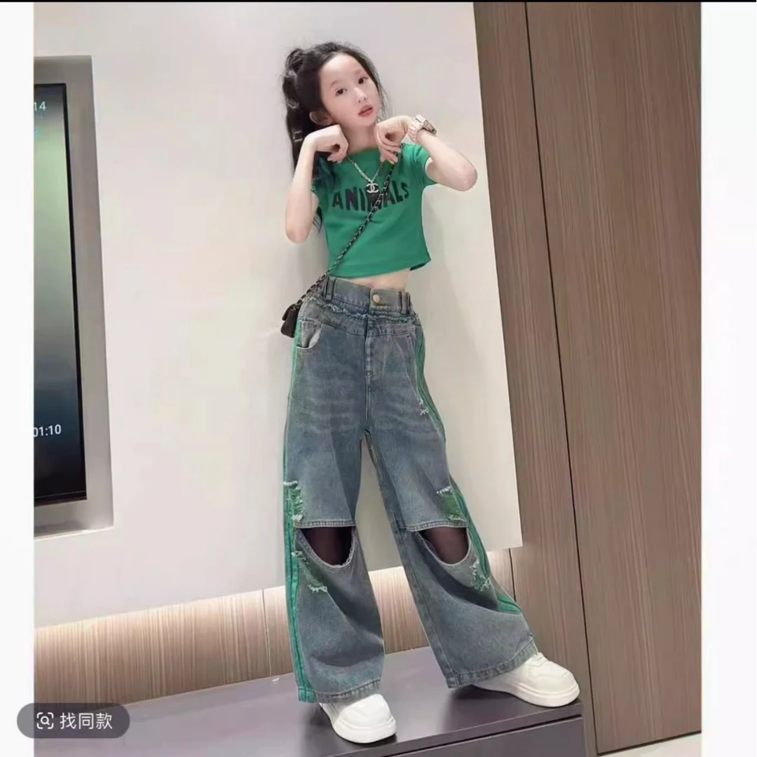 女童夏款炸街辣妹恤阔腿裤套装中大童酷飒破洞牛仔裤直筒裤短袖潮