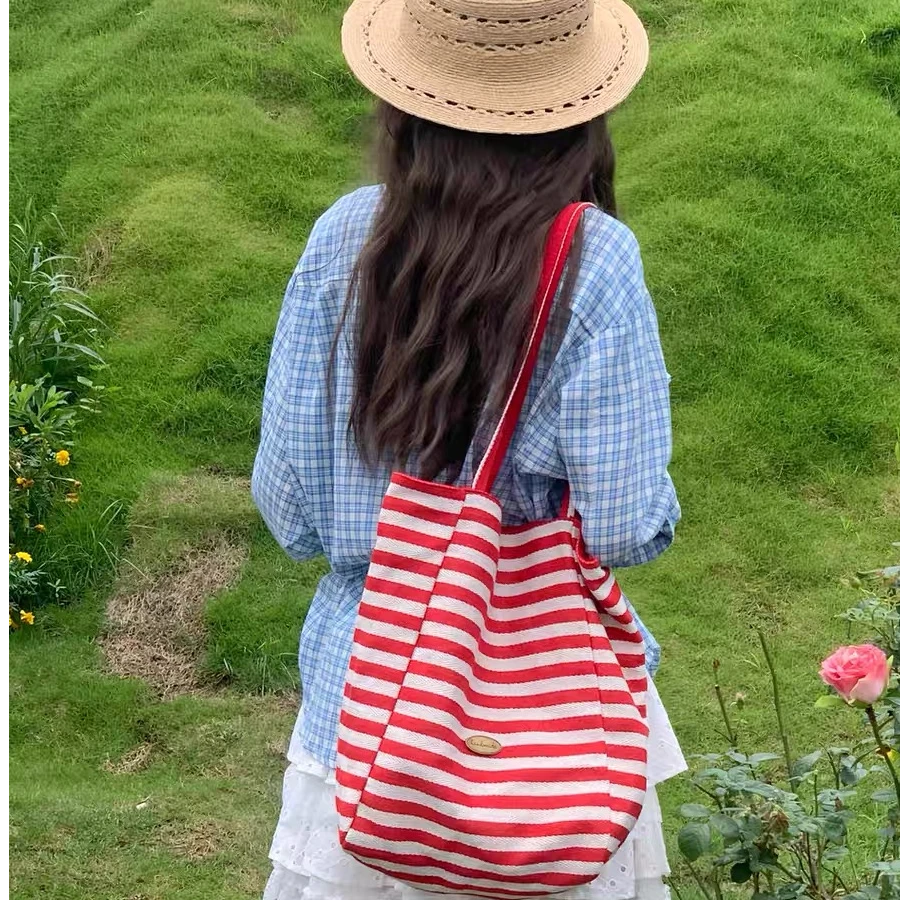 双面条纹帆布包韩国ins慵懒风大容量单肩托特包学生休闲购物袋女