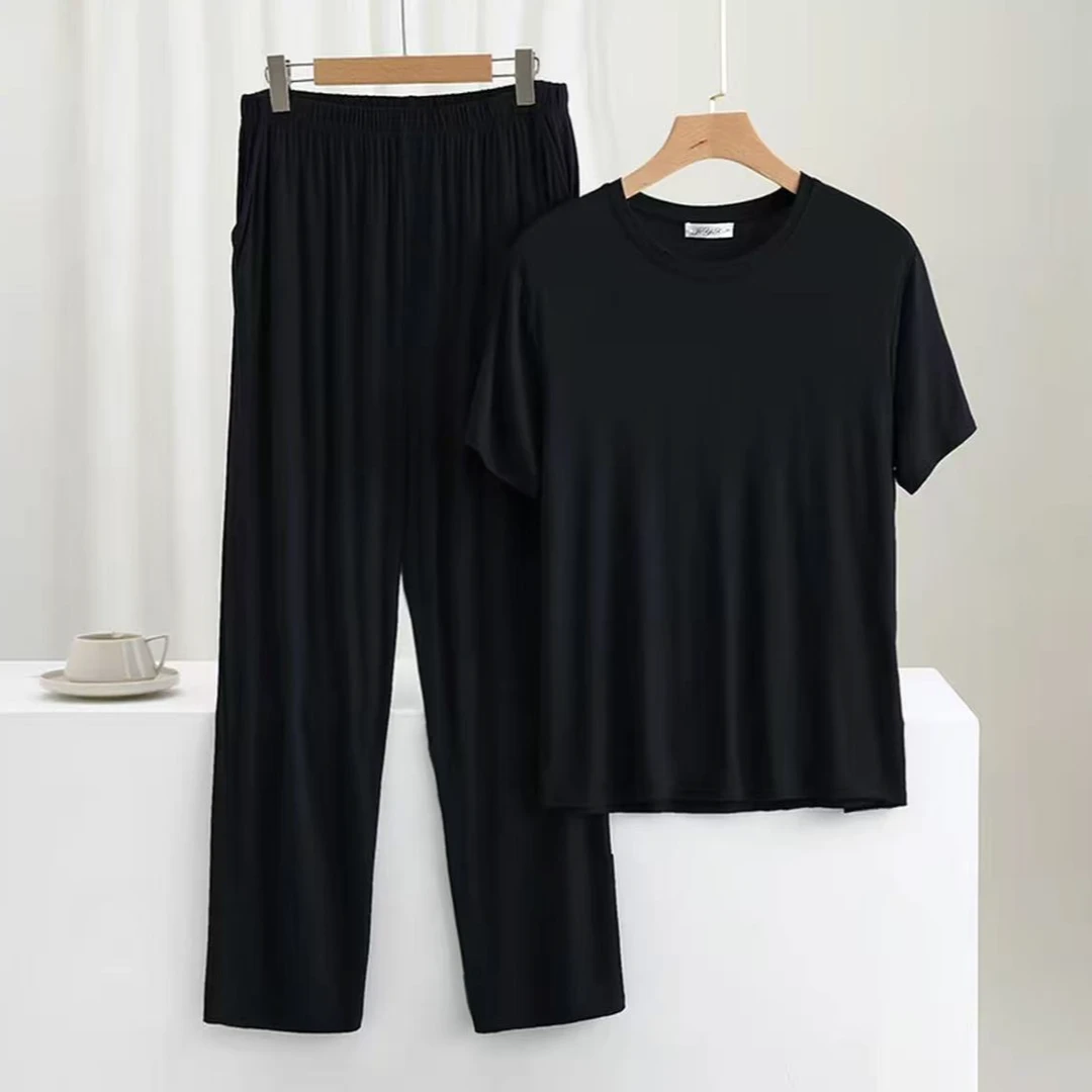 8935-男士外贸原单货（黑色）短袖+长裤莫代尔套装