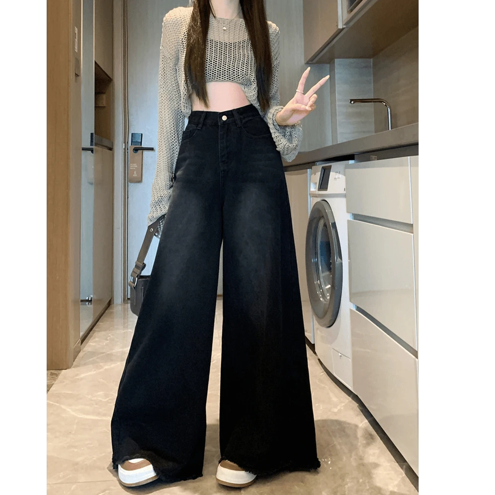 300斤大码女装黑色宽松阔腿喇叭牛仔裤女显瘦胖MM垂感新款拖地裤