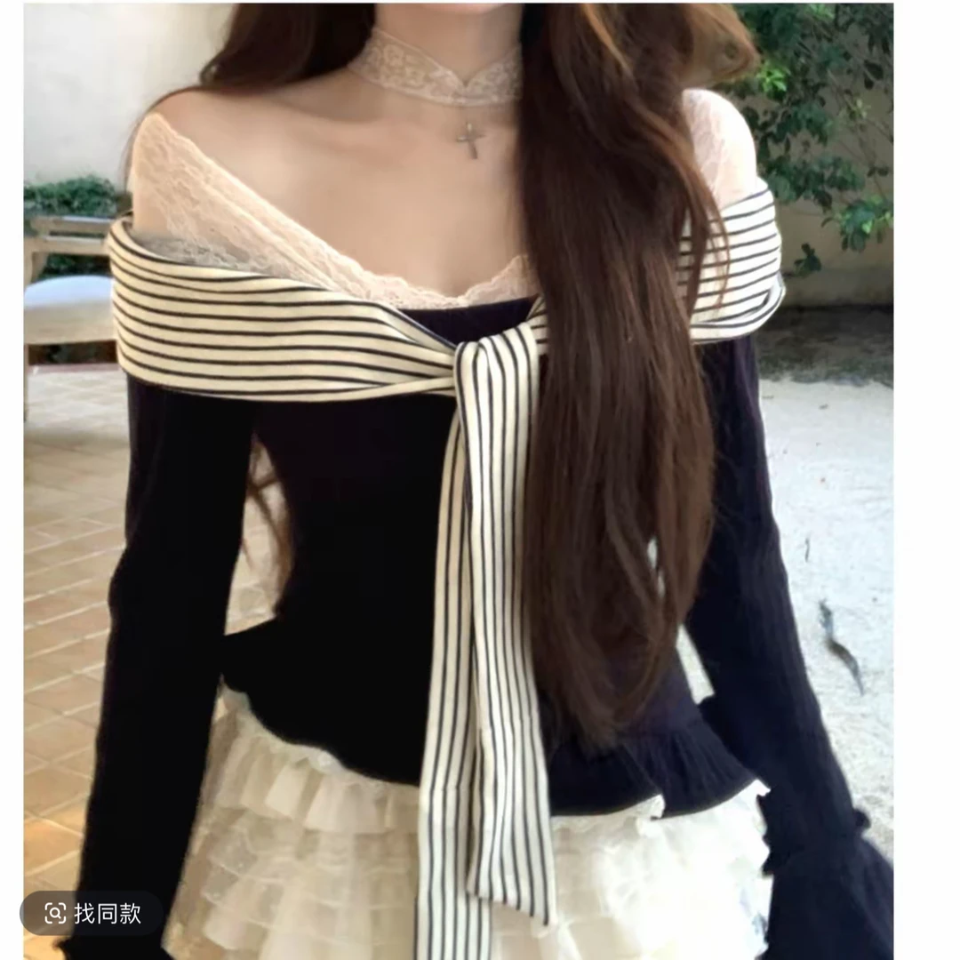 秋季纯欲ins风蕾丝拼接假两件不规则荷叶边上衣