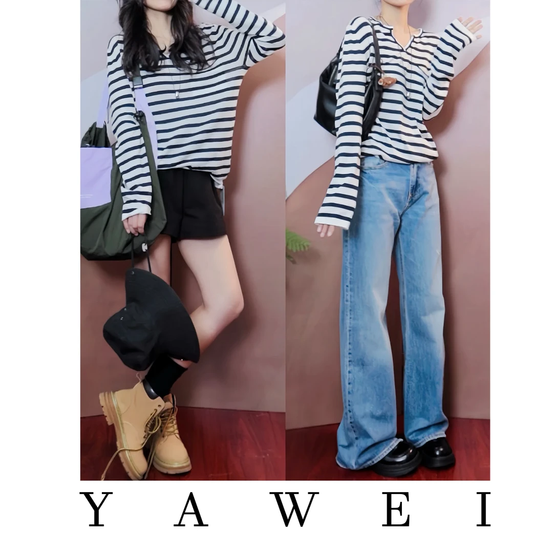 长袖T恤显瘦条纹时尚百搭女士修身TX32