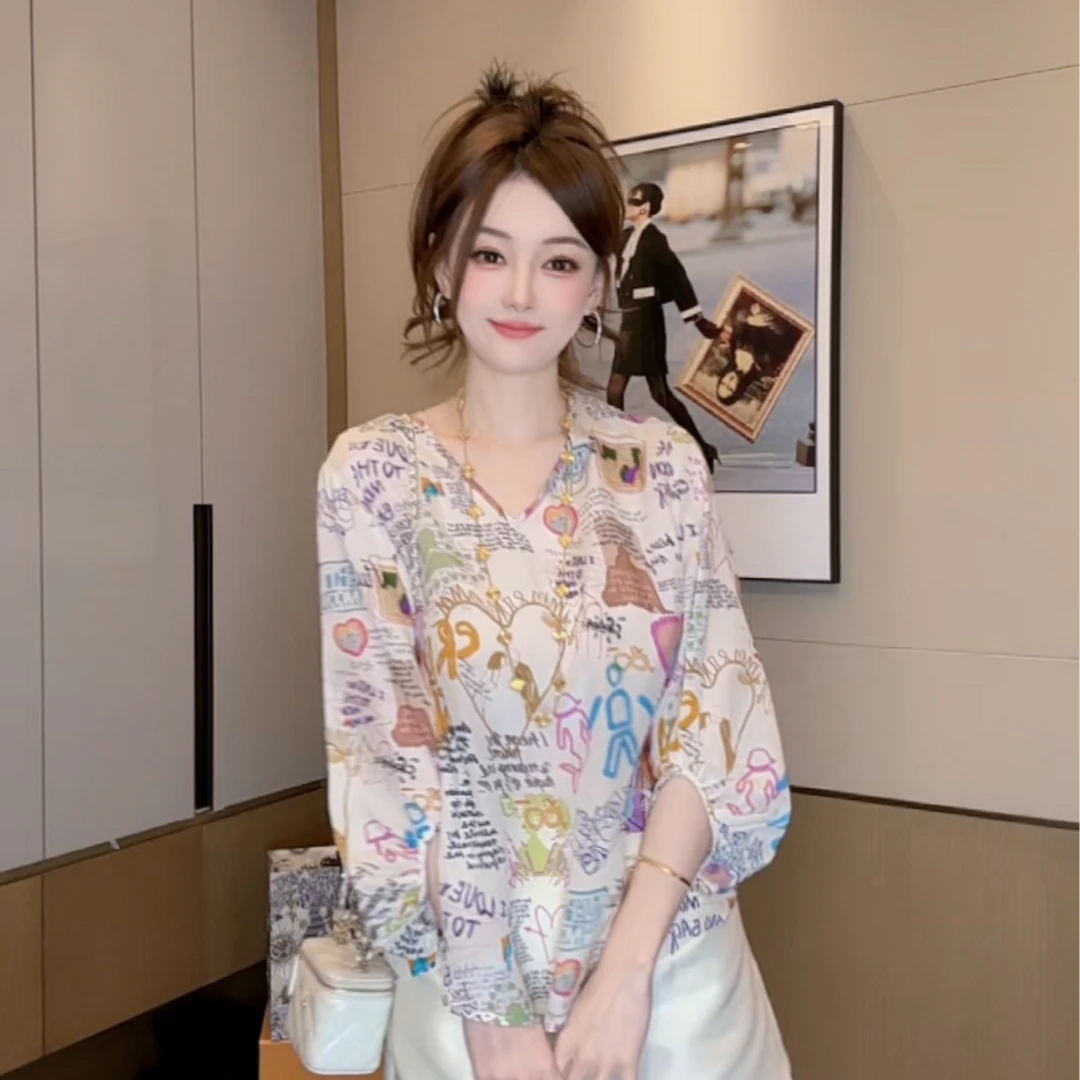 【丝芙玉禄】（F777）100%真丝双绉创意印花字母宽松桑蚕丝t恤上衣