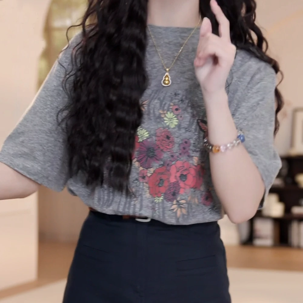 蝴蝶花印花短袖百搭夏季T恤女2025年春装新款复古宽松上衣气质