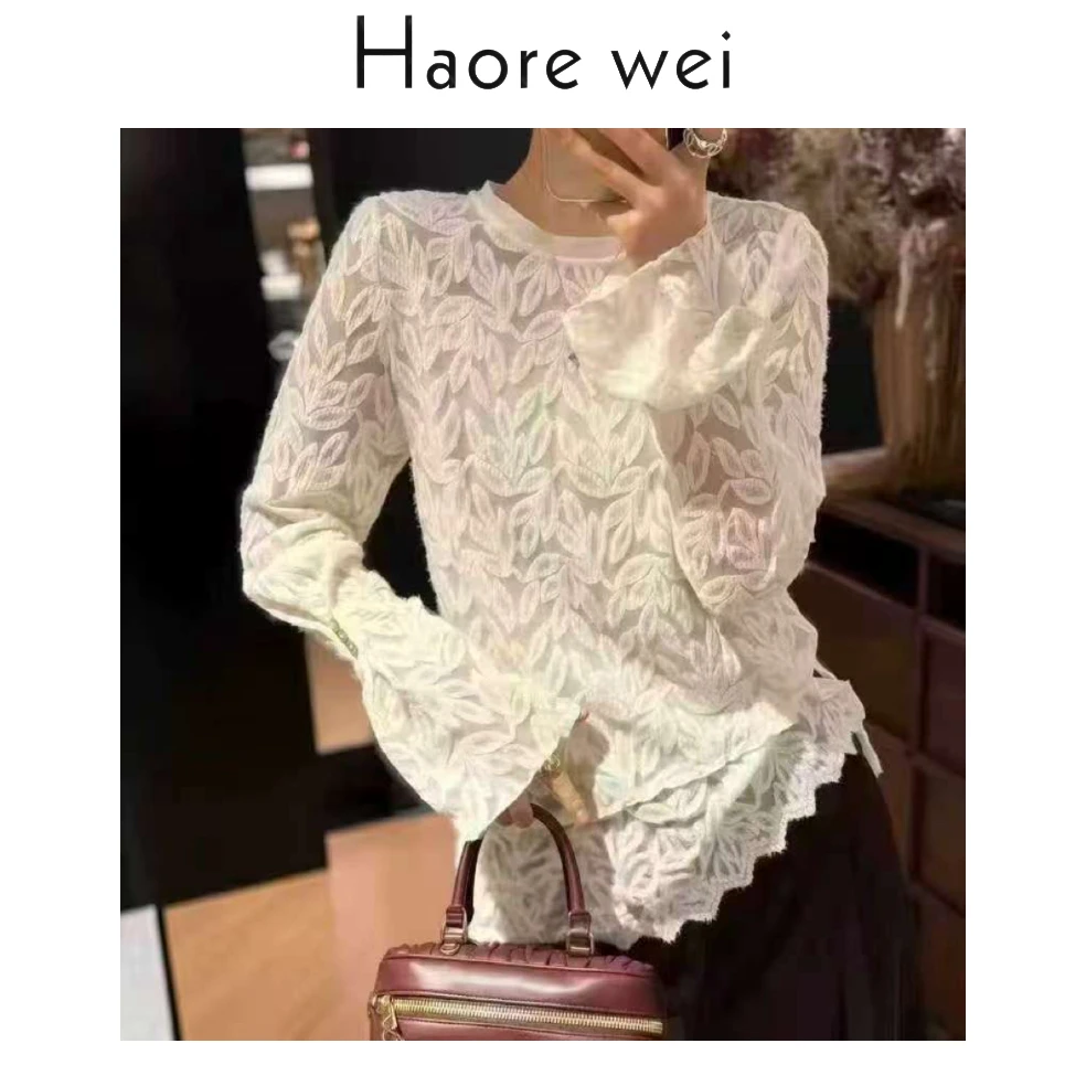 Haore Wei（蕾丝打底）新款蕾丝衫女长袖圆领上衣打底衫气质小衫
