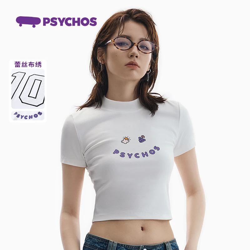 3月夏新品PSYCHOS海滨夏日蕾丝绣花正肩T恤辣妹短袖女PA2WSSV036