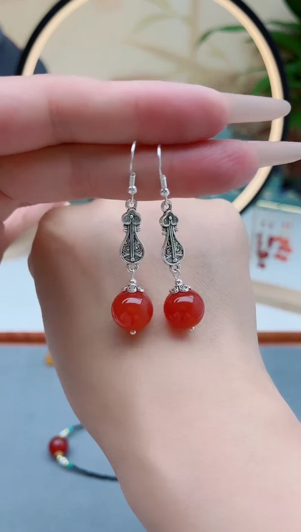南红玛瑙银S925镶嵌耳饰529