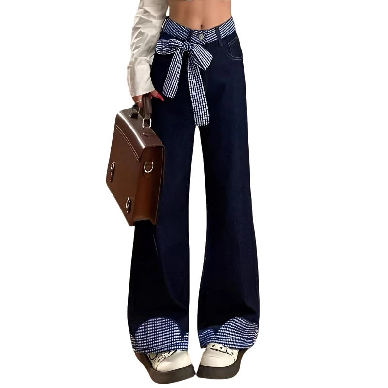 美式小个子蝴蝶结绑带格子拼接阔腿牛仔裤女高腰宽松显瘦拖地裤子