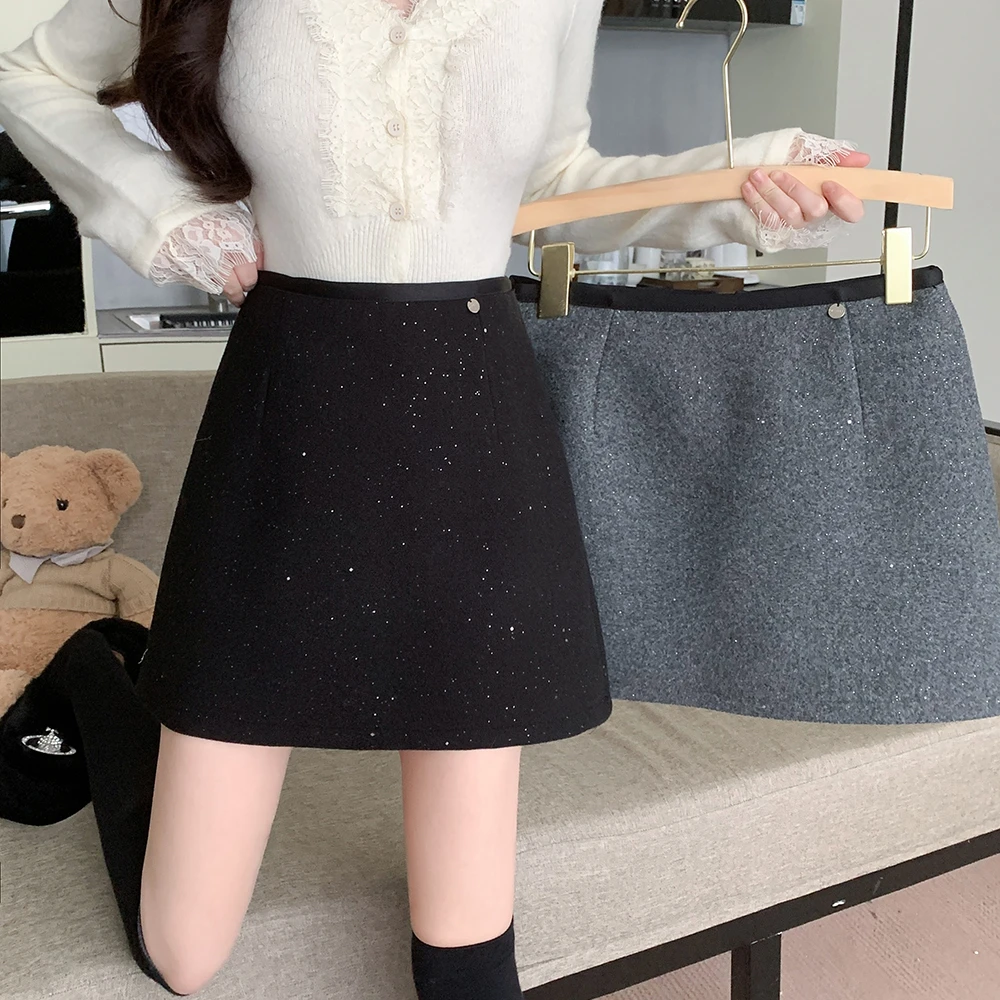 BUMENYLEE大码女装秋冬新款胖mm星空裙设计感拼边金属扣A字裙