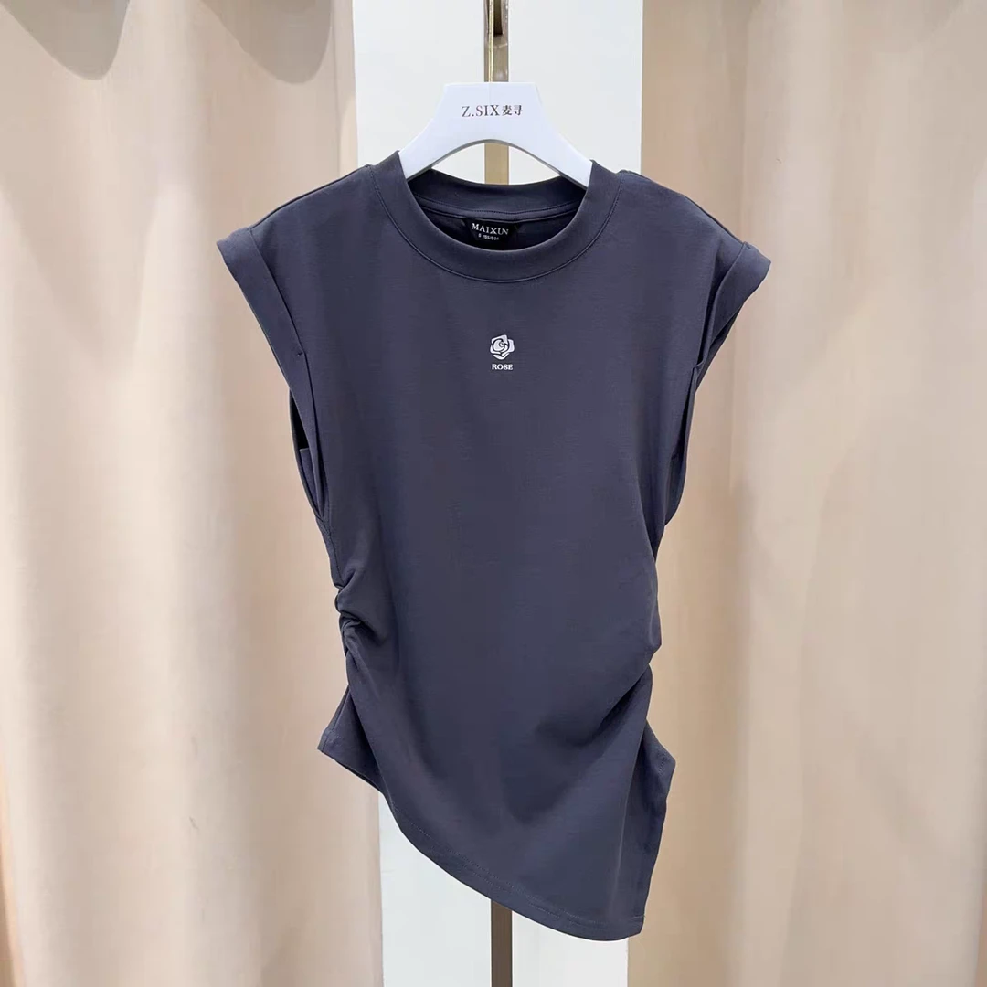 麦寻TXSDS03A夏季新款时尚飞飞袖气质百搭显瘦收腰圆领短袖T恤女