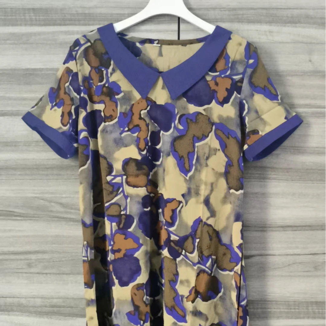 9936-夏季轻薄减龄款时尚连衣裙休闲妈妈装短袖宽松遮肉长裙【G仓】