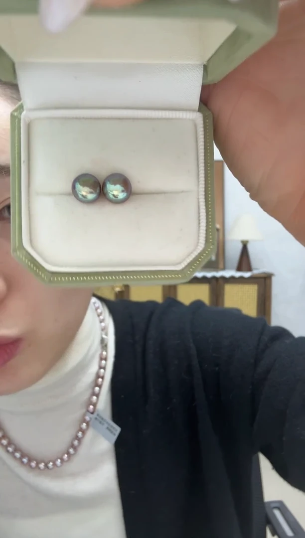 颈饰银S925镶嵌淡水珍珠绿馒头耳钉