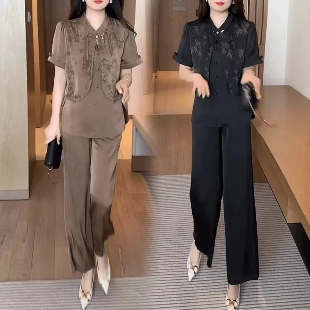 新品气质丝缎手抓花新中式国风休闲时尚套装2025年夏季两件套