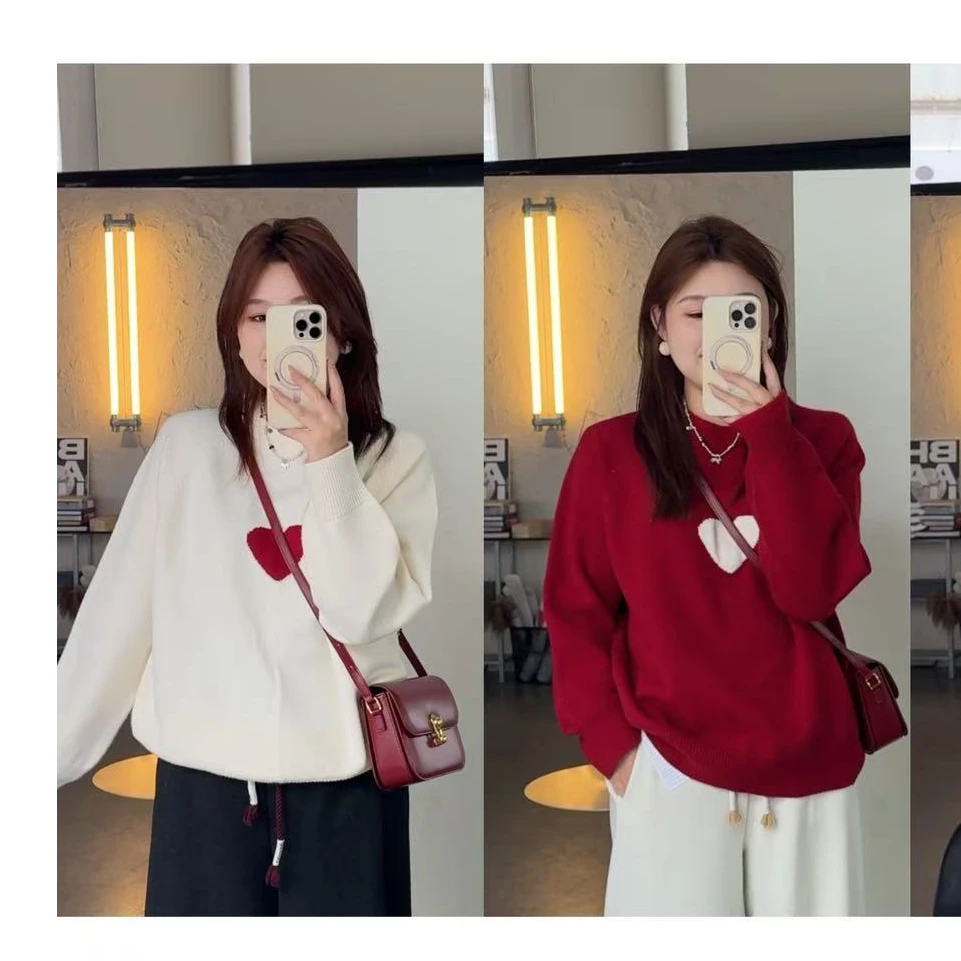 晶咕佳佳【心动日记】爱心图案圆领套头毛衣长袖时尚宽松韩版