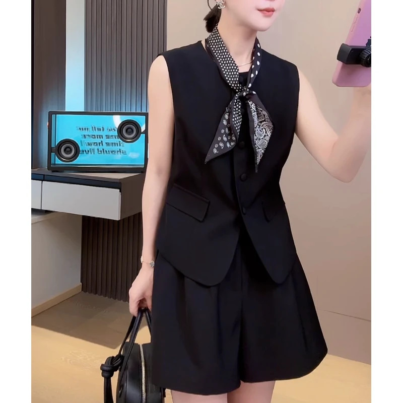 【黑曜石】时尚无袖上衣＋半松紧腰短裤百搭洋气两件套