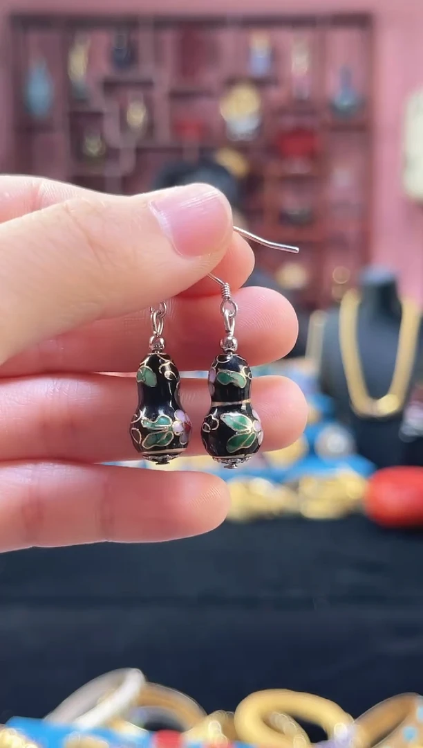 非遗技艺 景泰蓝葫芦耳坠黑色