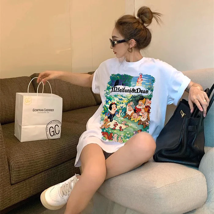 大码2-300斤胖mm夏季100%重磅纯棉独特洋气印花韩版圆领短袖T恤衫