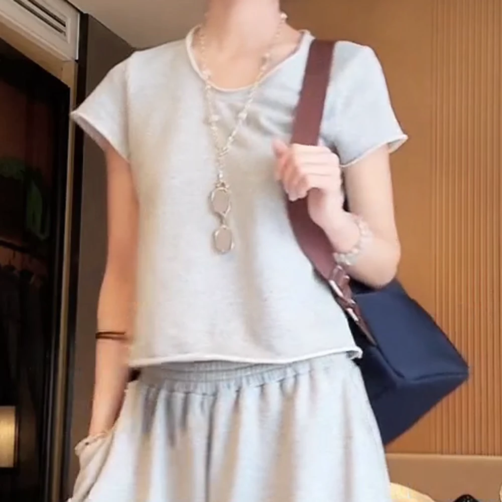 毛圈卷边U领宽松短袖简约休闲松弛半袖短款卫衣t恤女