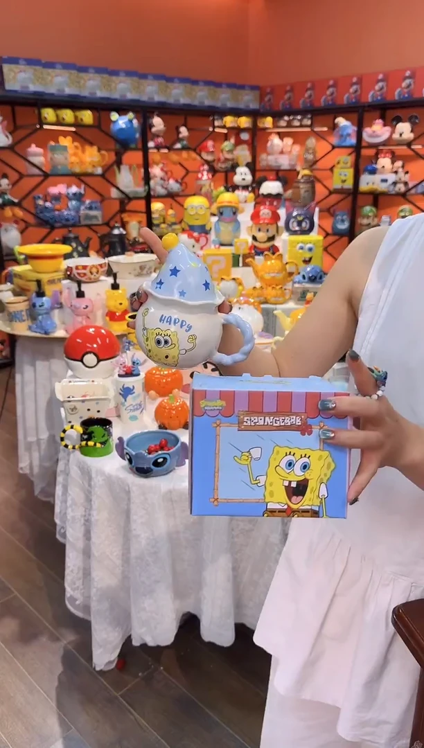 瓷片@@海绵宝宝联名星星人带盖陶瓷杯