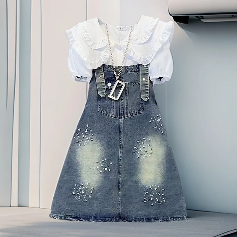 微胖mm大码INS风休闲风时尚套装牛仔裙夏装短袖衬衫背带裙子228