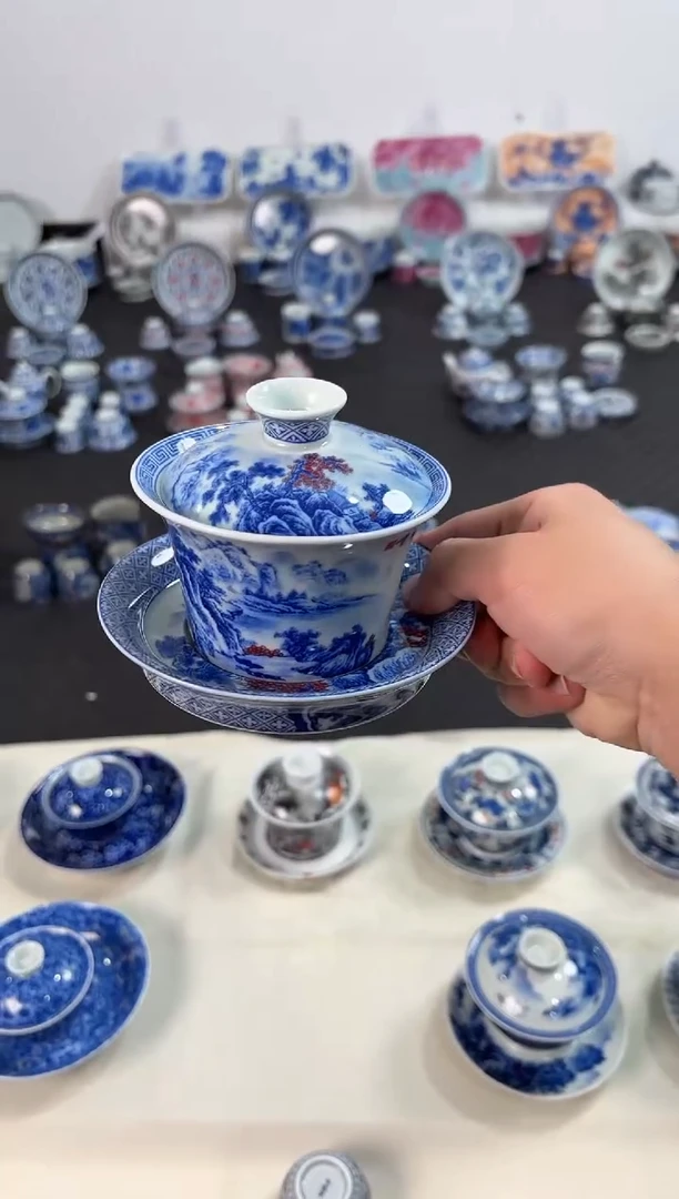 其他瓷景德镇陶瓷茶具青花釉里红清流圣境马蹄盖碗