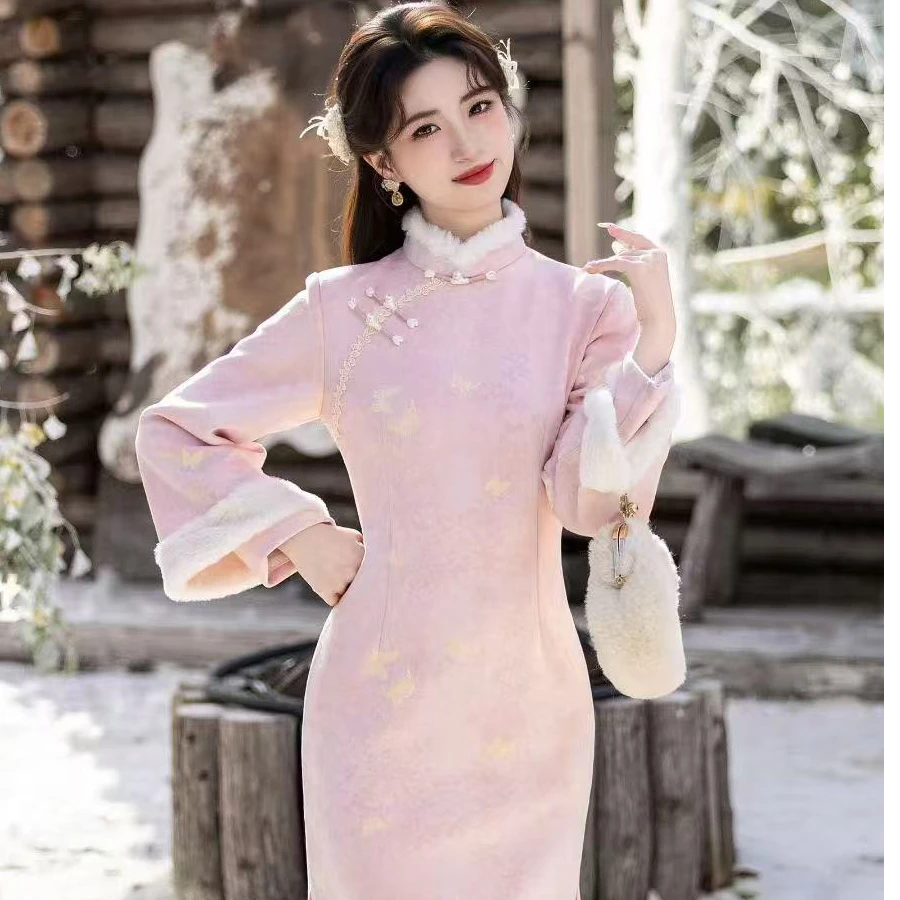 苏故里【蝶舞】新款冬季加厚旗袍气质显瘦粉色减龄修身中长款双袖