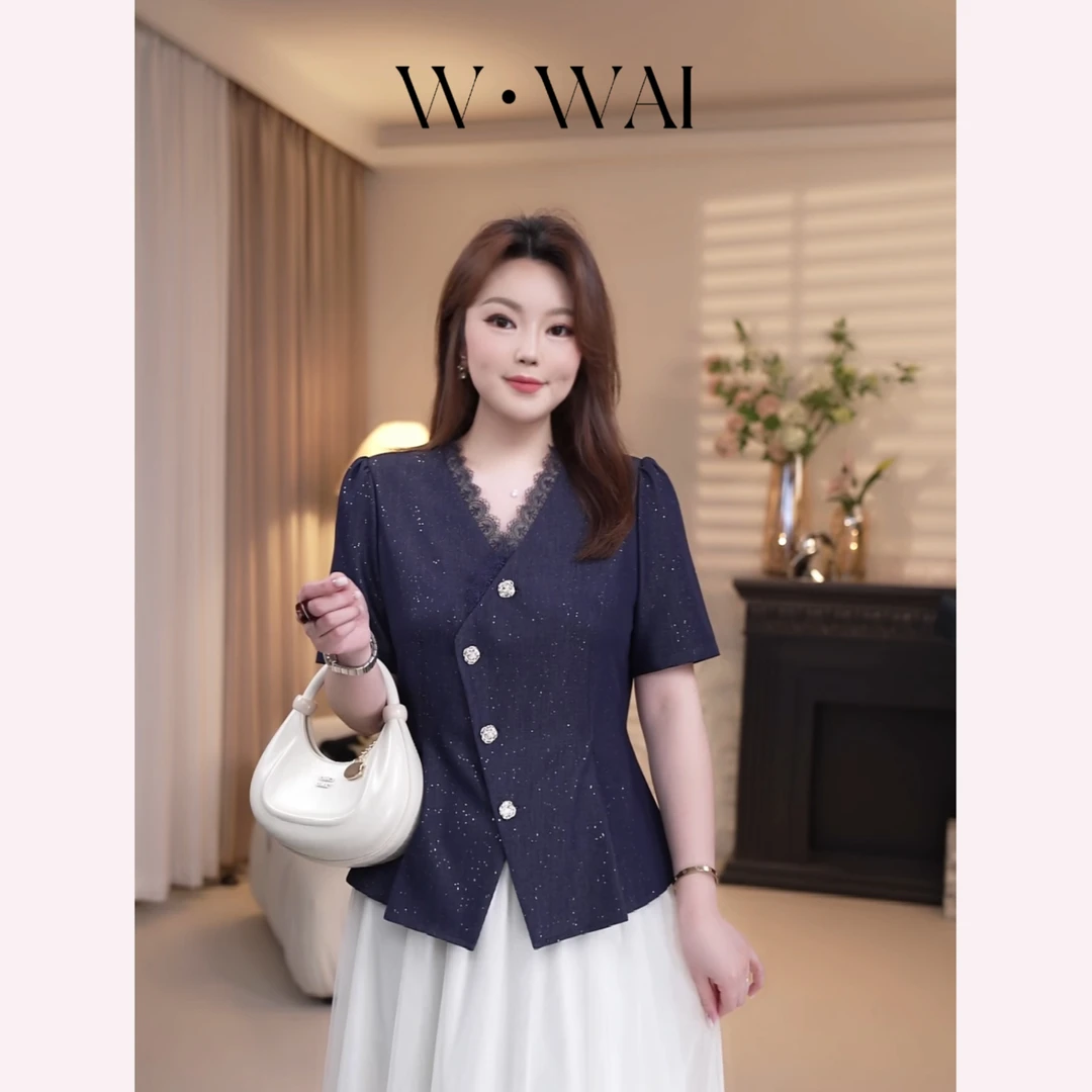 【夏日有约】显瘦时尚细闪牛仔不对称门襟小衫 X52S414