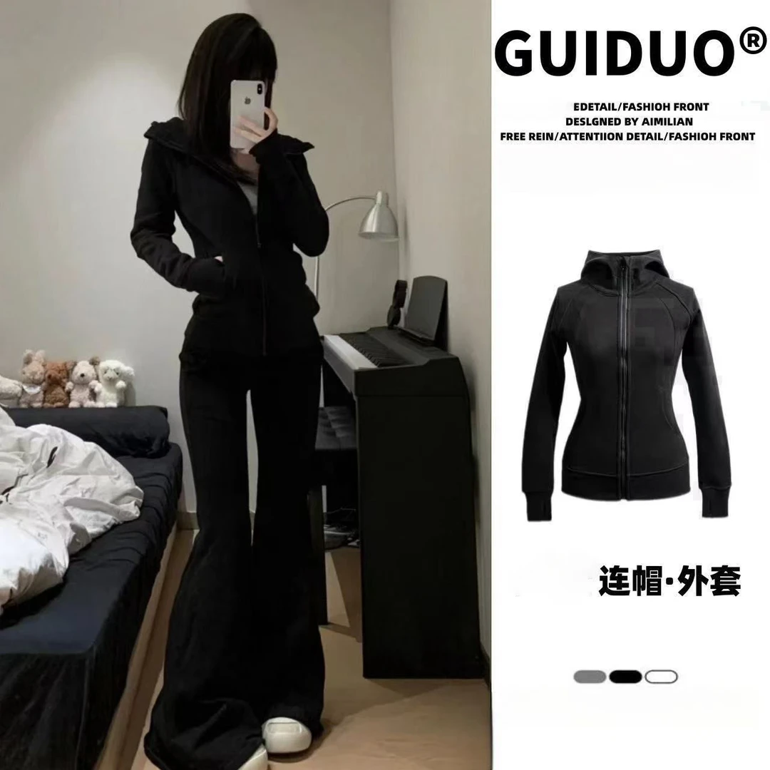 韩系辣妹运动风黑色连帽卫衣女秋季薄款设计感修身显瘦外穿上衣女