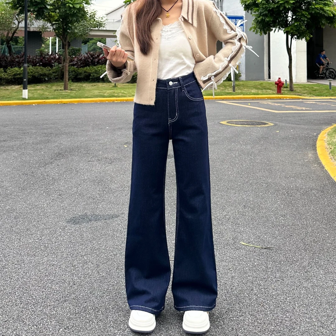 【单宁老钱风】小个子牛仔直筒微喇裤女秋季显瘦弹力宽松喇叭裤6001