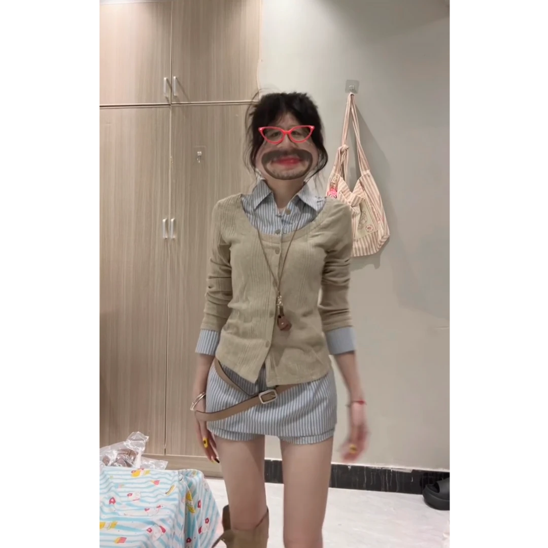 假两件衬衫女2025新款上衣秋装搭配一整套韩系穿搭套装裙