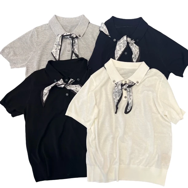 【翻领丝巾短袖】夏季新韩版气质显瘦纯色时尚针织短袖上衣6911