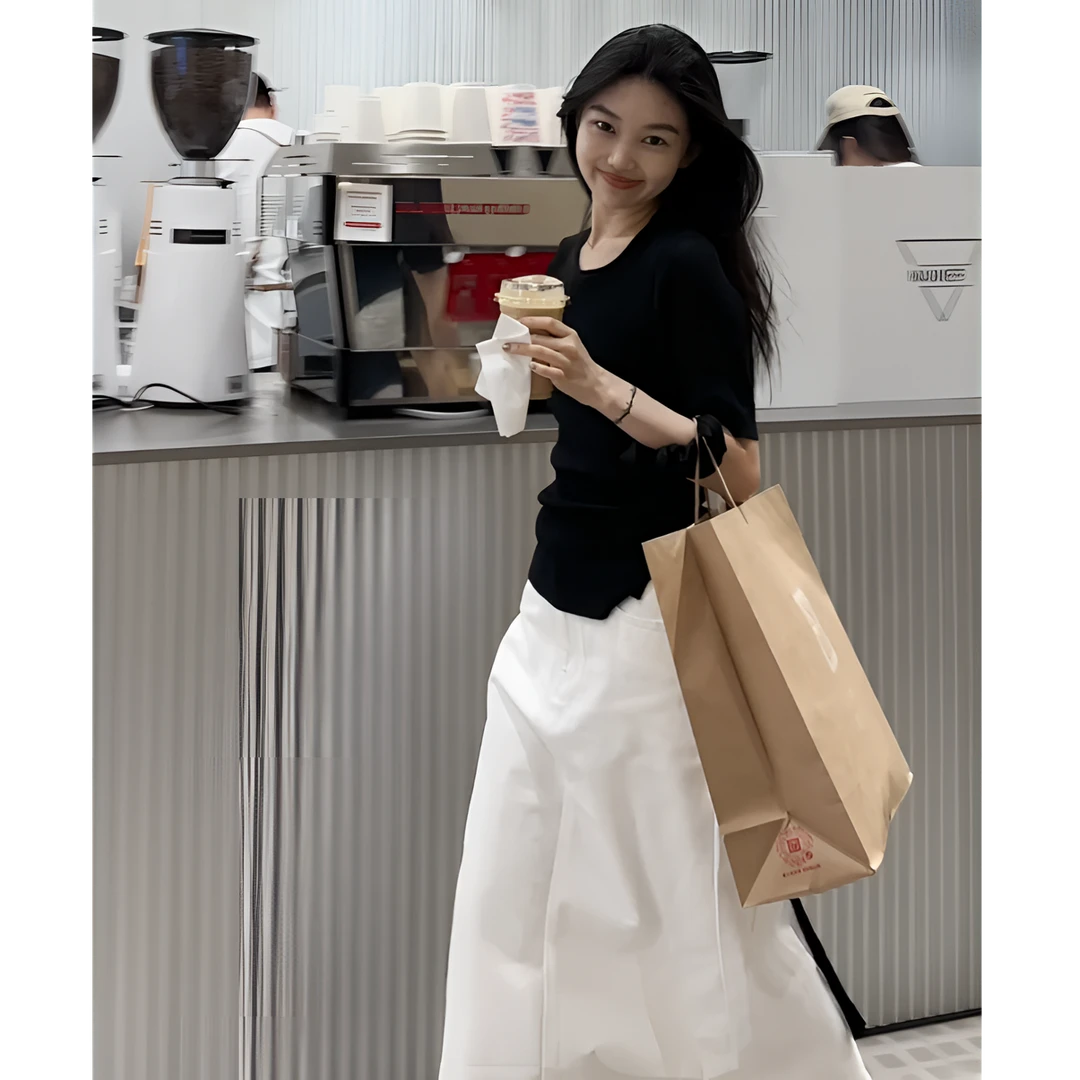 MARIE.COCO高级感女神范大方得体的黑色上衣高腰开叉半身裙两件套