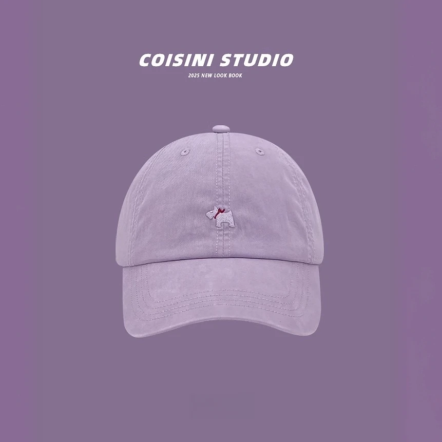 小狗刺绣大头围鸭舌帽子女夏季薄款2025新款百搭紫色棒球帽显脸小