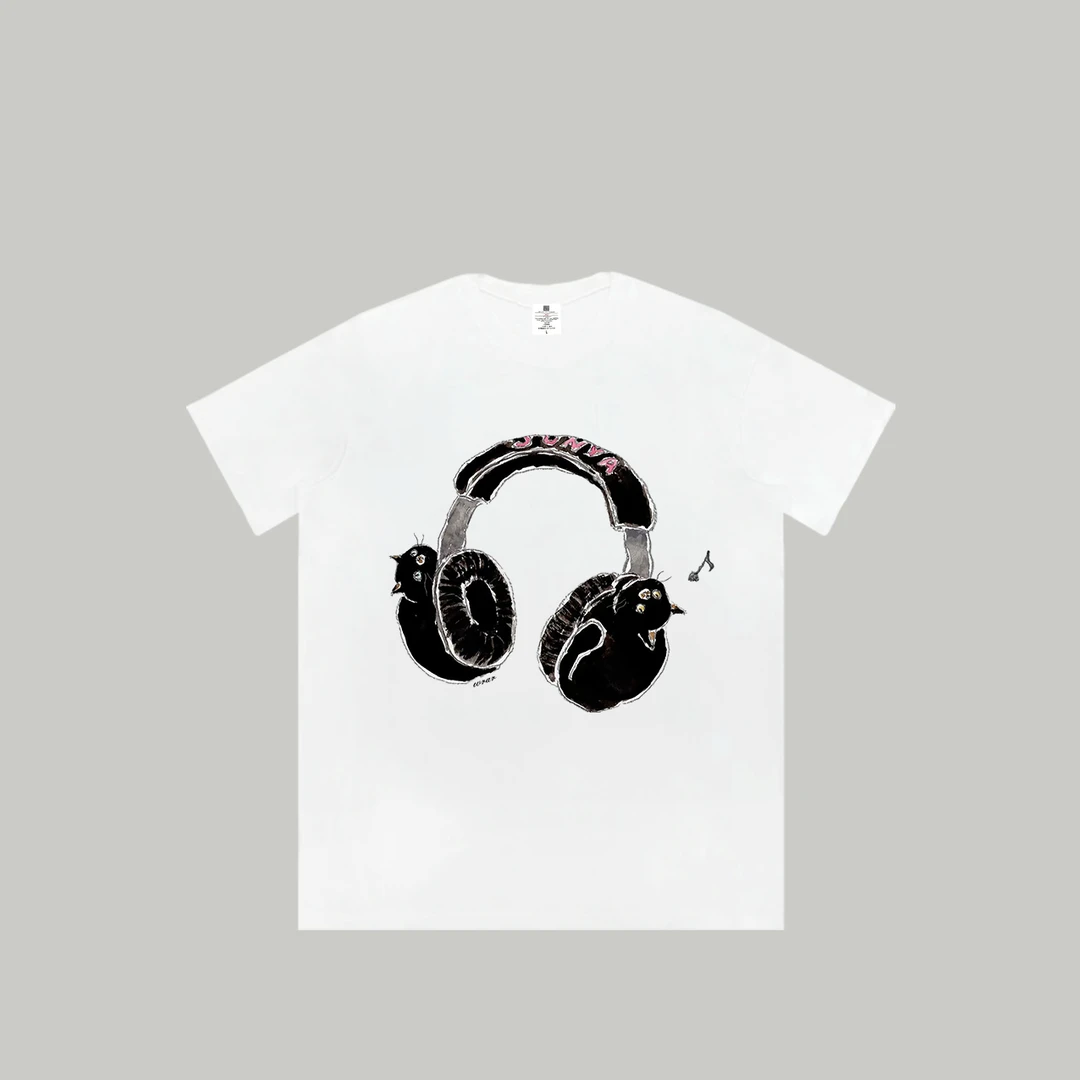 【猫咪耳机】新品潮流夏季透气宽松T恤白色休闲情侣春夏个性印花
