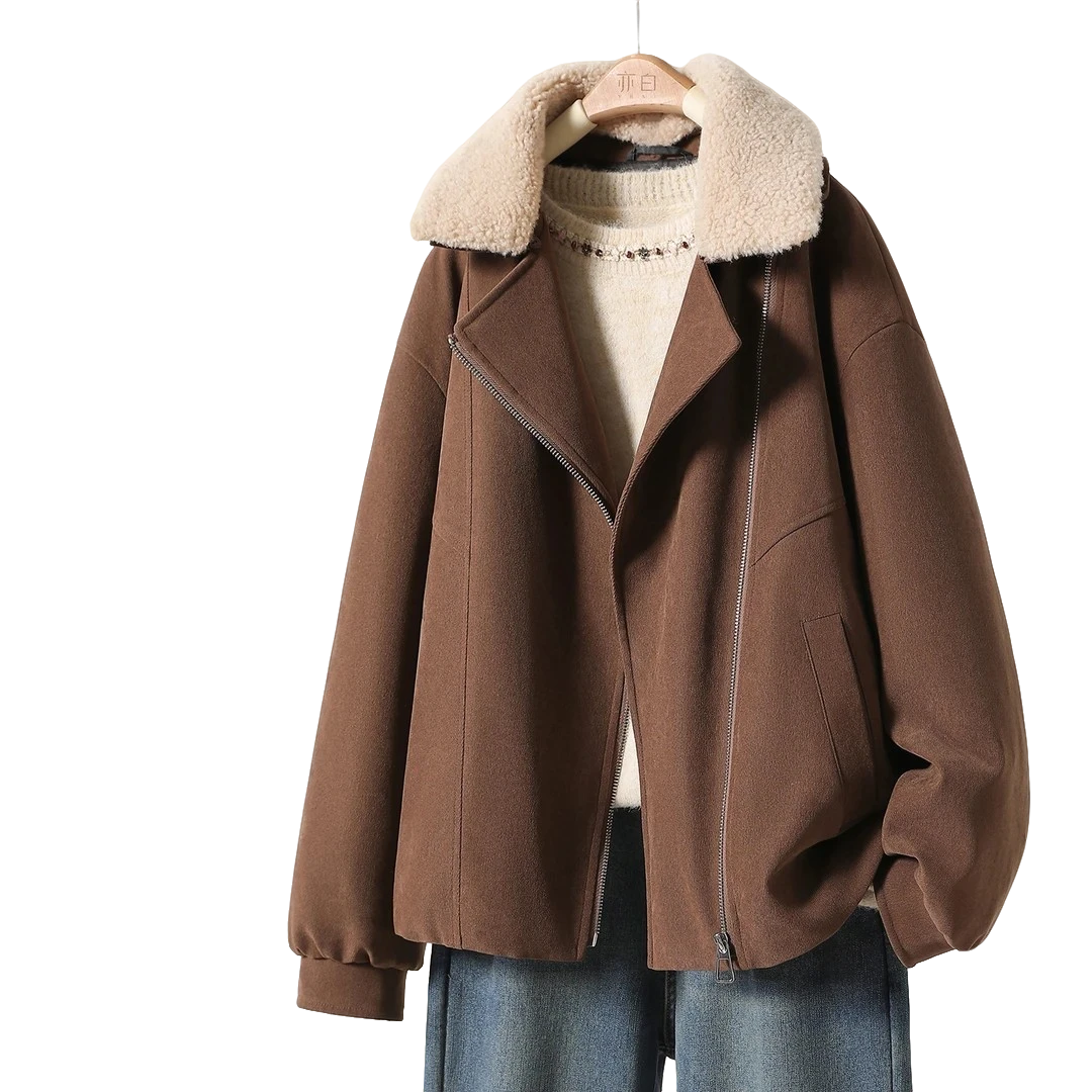 【落日梧桐】2025冬季新款女装百搭可脱卸毛领斜拉链外套女