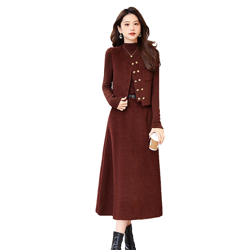 显瘦气质三件套洋气时尚秋冬装潮流时尚打底衫马甲半身裙修身套装