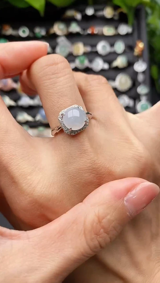 【闪购商品】翡翠戒指银S925镶嵌缅甸翡翠A货555  8-