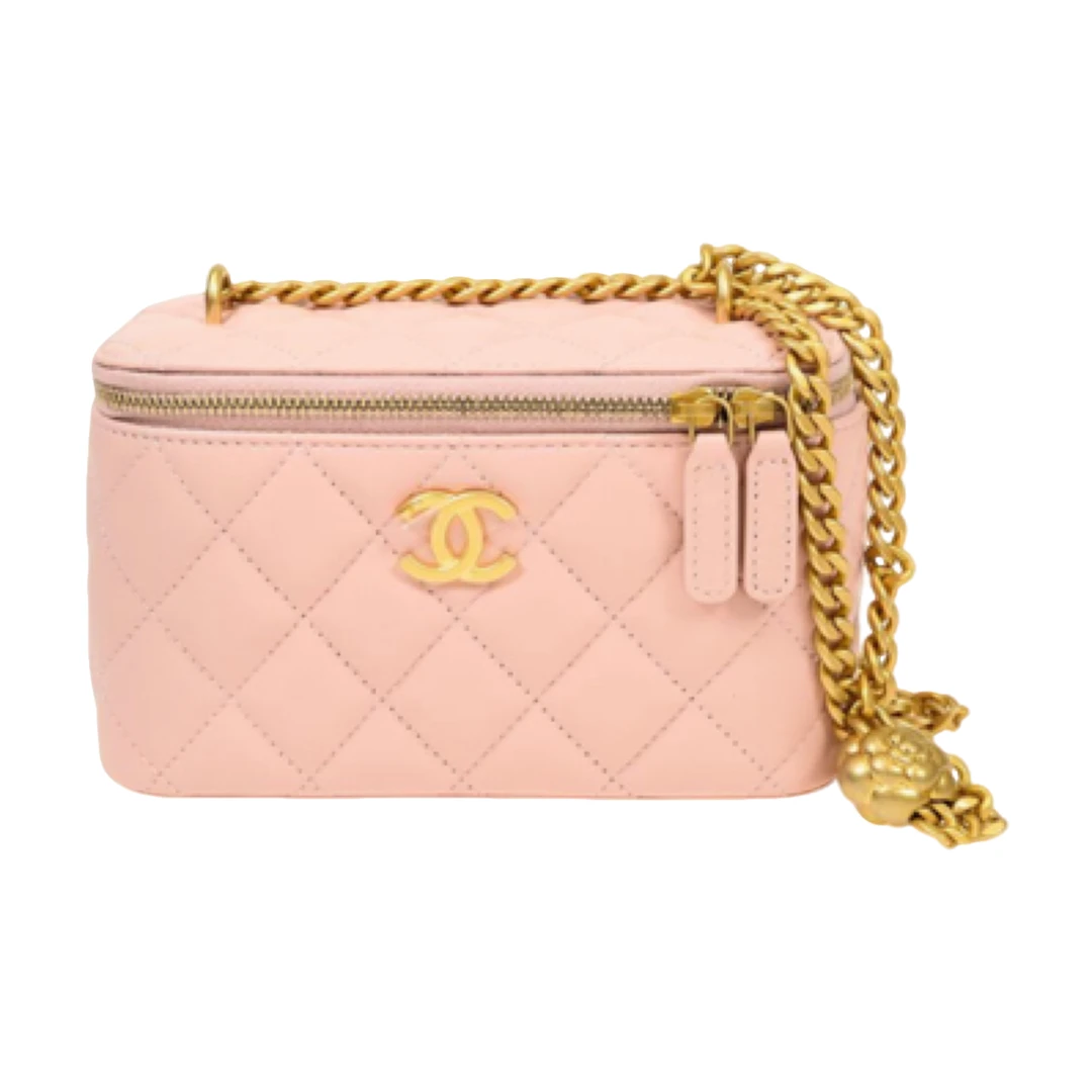 99新 Chanel/香奈儿 粉金23s山茶花化妆长盒子包链条包芯片款