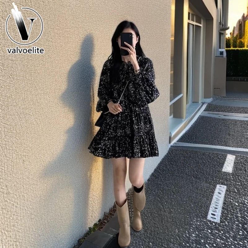 VALVOELITE茶歇法式黑色碎花连衣裙子女款新款秋季气质超好看短裙