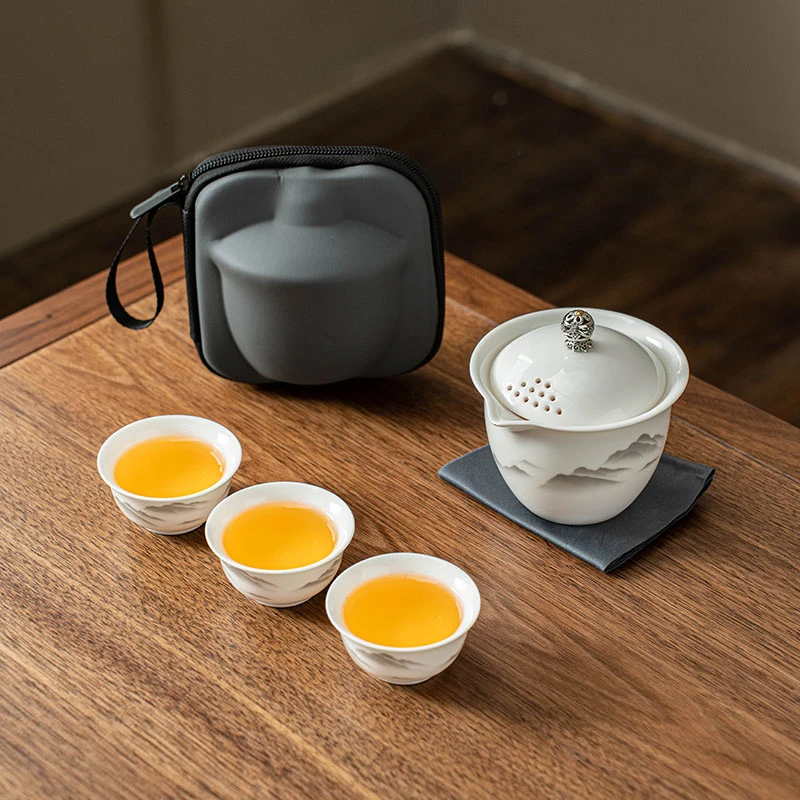 KK0228-水墨大山一壶三杯旅行套组车载户外简约陶瓷防烫白瓷旅游